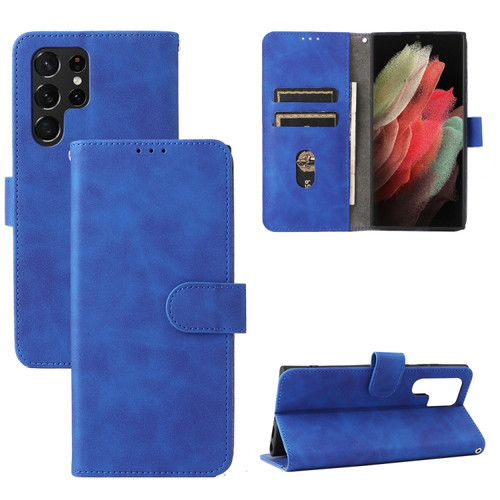 Samsung Galaxy S22 Ultra 5G Skin Feel Magnetic Buckle Calf Texture PU Phone Case - Blue