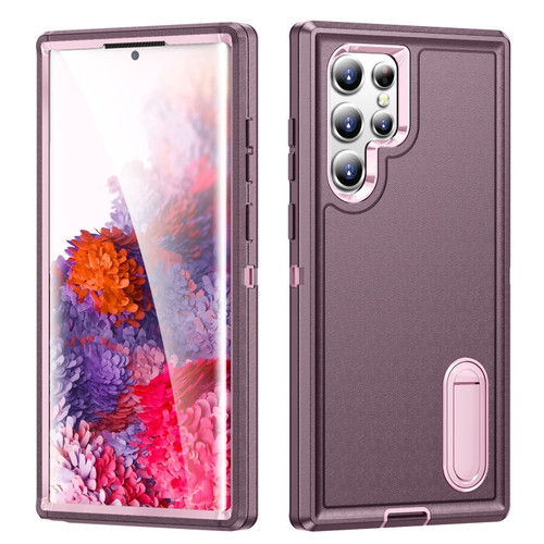 Samsung Galaxy S22 Ultra 5G 3 in 1 Rugged Holder Phone Case - Purple+Pink