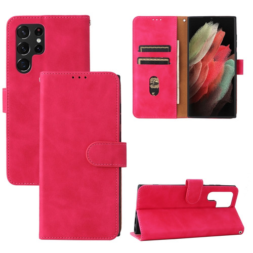 Samsung Galaxy S22 Ultra 5G Skin Feel Magnetic Buckle Calf Texture PU Phone Case - Rose Red