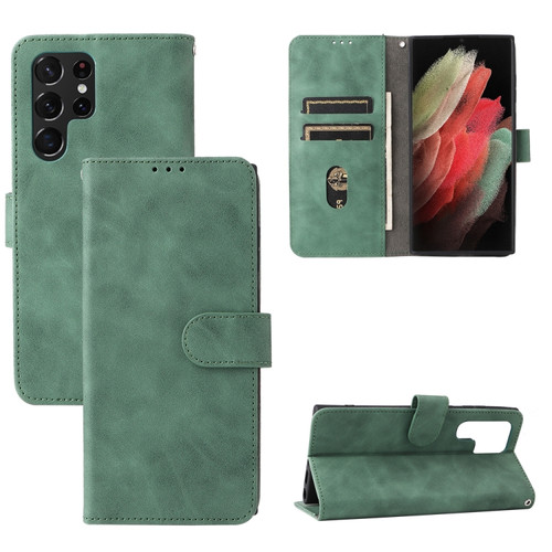 Samsung Galaxy S22 Ultra 5G Skin Feel Magnetic Buckle Calf Texture PU Phone Case - Green