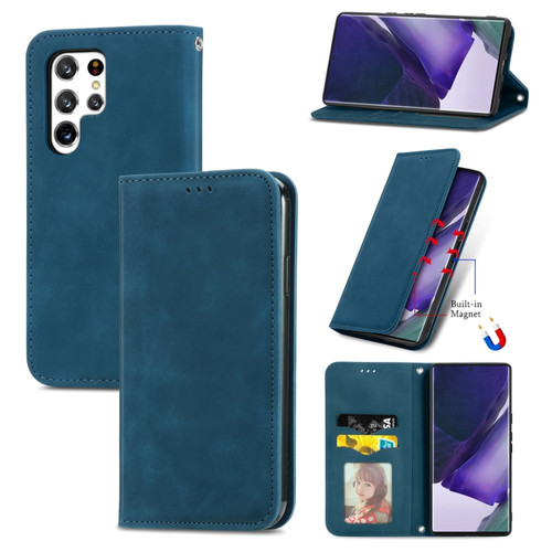 Samsung Galaxy S22 Ultra 5G Retro Skin Feel Magnetic Horizontal Flip Leather Case with Holder & Card Slots & Wallet & Photo Frame - Blue