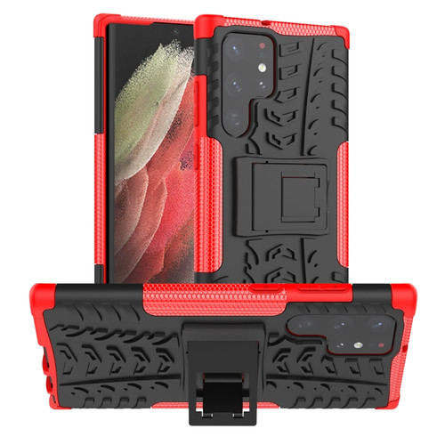 Samsung Galaxy S22 Ultra 5G Tire Texture TPU + PC Phone Case with Holder - Red