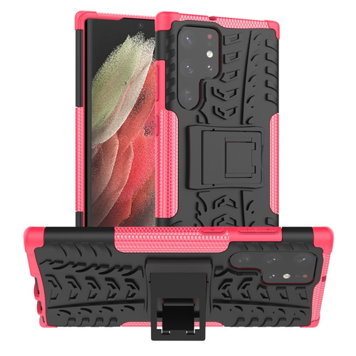 Samsung Galaxy S22 Ultra 5G Tire Texture TPU + PC Phone Case with Holder - Pink