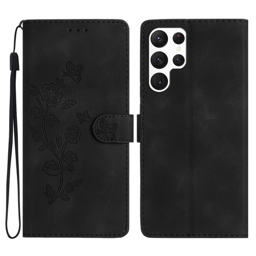 Samsung Galaxy S22 Ultra 5G Flower Butterfly Embossing Pattern Leather Phone Case - Black
