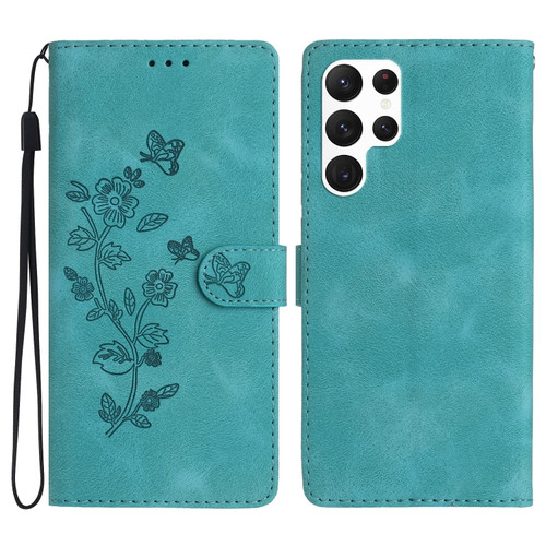 Samsung Galaxy S22 Ultra 5G Flower Butterfly Embossing Pattern Leather Phone Case - Sky Blue