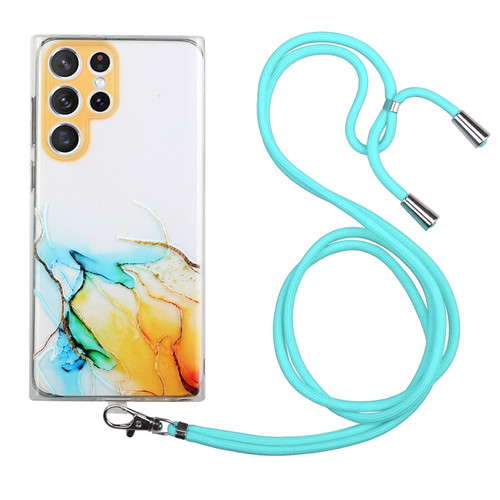Samsung Galaxy S22 Ultra 5G Hollow Marble Pattern TPU Shockproof Phone Case with Neck Strap Rope - Yellow