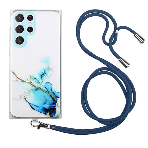 Samsung Galaxy S22 Ultra 5G Hollow Marble Pattern TPU Shockproof Phone Case with Neck Strap Rope - Blue