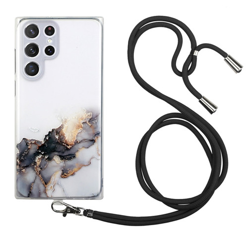 Samsung Galaxy S22 Ultra 5G Hollow Marble Pattern TPU Shockproof Phone Case with Neck Strap Rope - Black