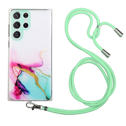 Samsung Galaxy S22 Ultra 5G Hollow Marble Pattern TPU Shockproof Phone Case with Neck Strap Rope - Green