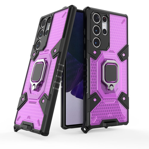 Samsung Galaxy S22 Ultra 5G Space PC+TPU Ring Holder Protective Phone Case - Purple