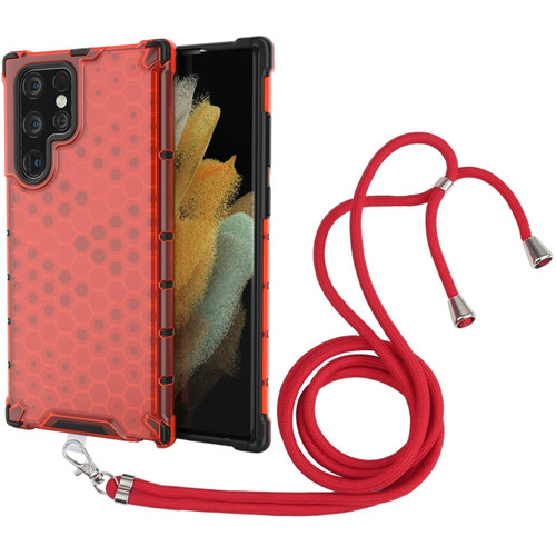 Samsung Galaxy S22 Ultra 5G Lanyard Honeycomb PC + TPU Case - Red