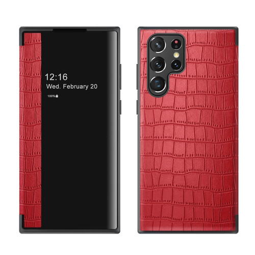 Samsung Galaxy S22 Ultra 5G Crocodile Texture Window View Leather Phone Case - Red