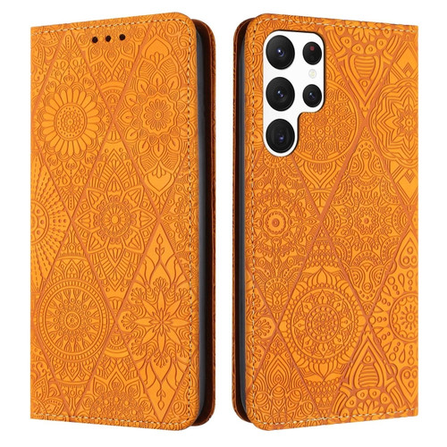 Samsung Galaxy S22 Ultra 5G Ethnic Embossed Adsorption Leather Phone Case - Yellow