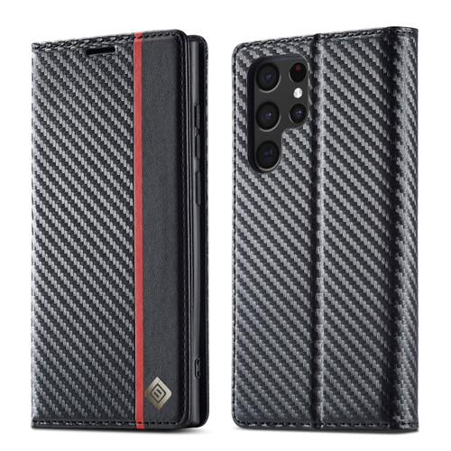 Samsung Galaxy S22 Ultra 5G LC.IMEEKE Carbon Fiber Horizontal Flip Leather Phone Case - Vertical Black