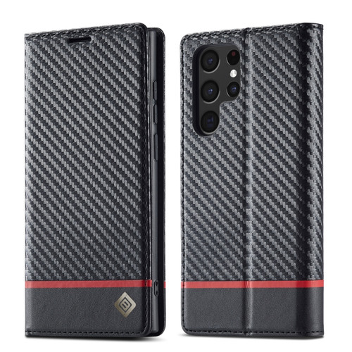 Samsung Galaxy S22 Ultra 5G LC.IMEEKE Carbon Fiber Horizontal Flip Leather Phone Case - Horizontal Black