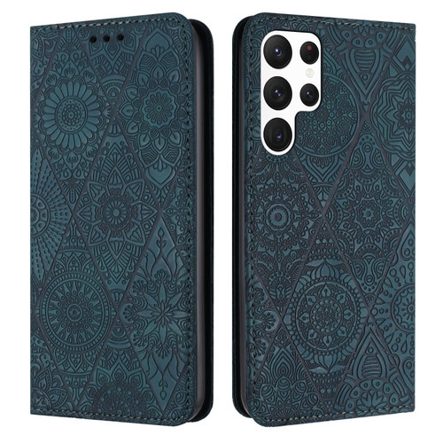 Samsung Galaxy S22 Ultra 5G Ethnic Embossed Adsorption Leather Phone Case - Blue