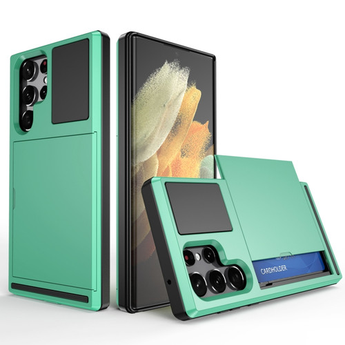 Samsung Galaxy S22 Ultra 5G Multifunction Armor Slide Card Slot Phone Case - Mint Green