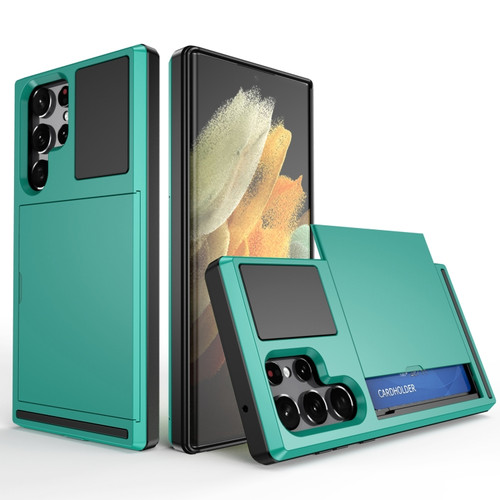 Samsung Galaxy S22 Ultra 5G Multifunction Armor Slide Card Slot Phone Case - Green Lake