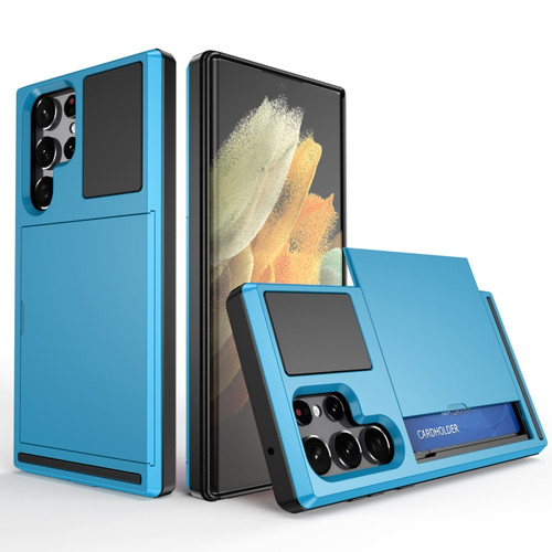 Samsung Galaxy S22 Ultra 5G Multifunction Armor Slide Card Slot Phone Case - Sky Blue