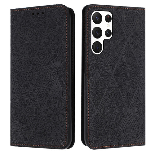 Samsung Galaxy S22 Ultra 5G Ethnic Embossed Adsorption Leather Phone Case - Black