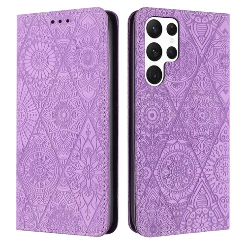 Samsung Galaxy S22 Ultra 5G Ethnic Embossed Adsorption Leather Phone Case - Purple