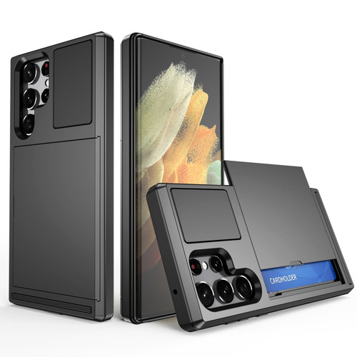 Samsung Galaxy S22 Ultra 5G Multifunction Armor Slide Card Slot Phone Case - Black