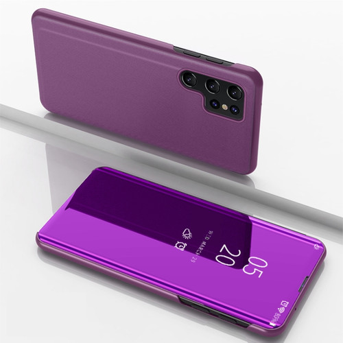 Samsung Galaxy S22 Ultra 5G Plated Mirror Horizontal Flip Leather Case with Holder - Purple