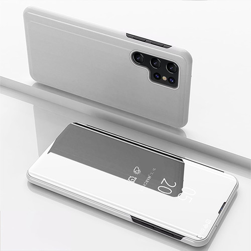 Samsung Galaxy S22 Ultra 5G Plated Mirror Horizontal Flip Leather Case with Holder - Silver
