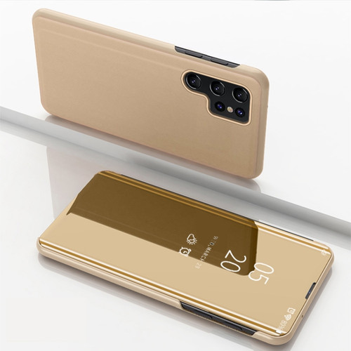 Samsung Galaxy S22 Ultra 5G Plated Mirror Horizontal Flip Leather Case with Holder - Gold