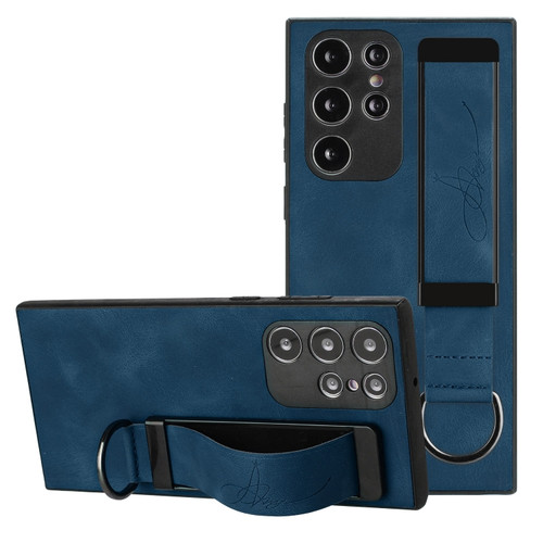 Samsung Galaxy S22 Ultra 5G Wristband Holder Leather Back Phone Case - Royal Blue