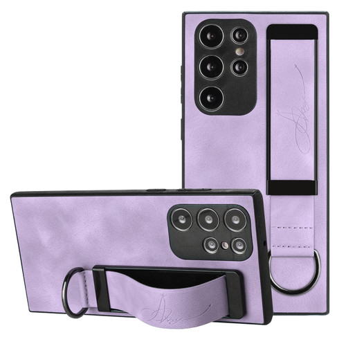 Samsung Galaxy S22 Ultra 5G Wristband Holder Leather Back Phone Case - Purple