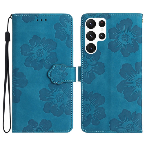 Samsung Galaxy S22 Ultra 5G Flower Embossing Pattern Leather Phone Case - Blue