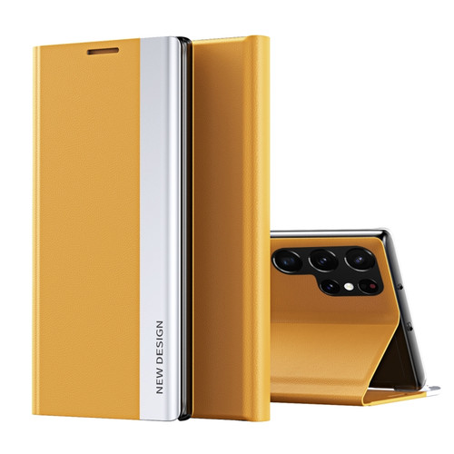 Samsung Galaxy S22 Ultra 5G Side Electroplated Magnetic Ultra-Thin Horizontal Flip Leather Case with Holder - Yellow