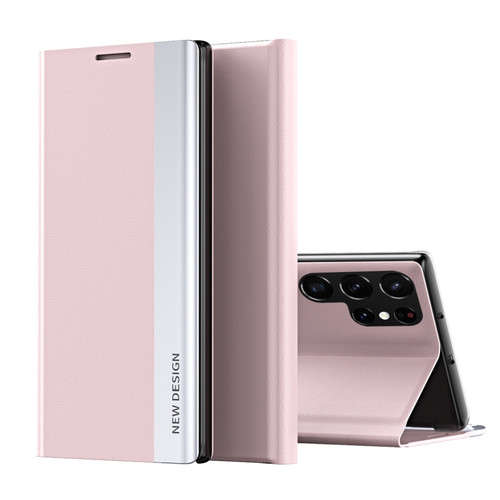 Samsung Galaxy S22 Ultra 5G Side Electroplated Magnetic Ultra-Thin Horizontal Flip Leather Case with Holder - Pink