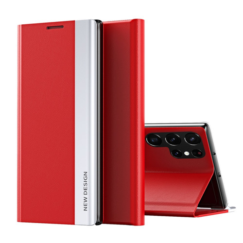 Samsung Galaxy S22 Ultra 5G Side Electroplated Magnetic Ultra-Thin Horizontal Flip Leather Case with Holder - Red