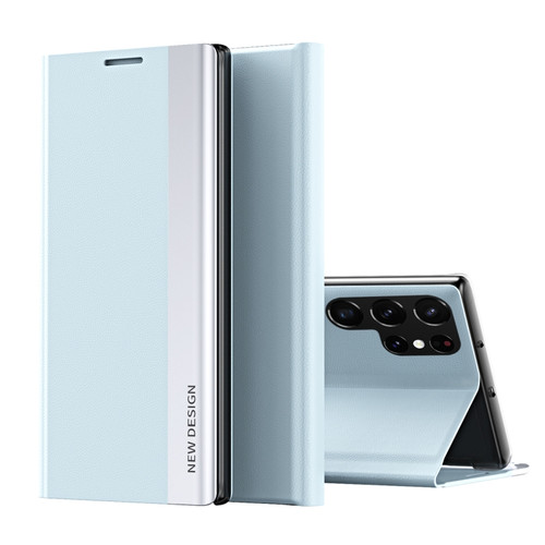 Samsung Galaxy S22 Ultra 5G Side Electroplated Magnetic Ultra-Thin Horizontal Flip Leather Case with Holder - Light Blue