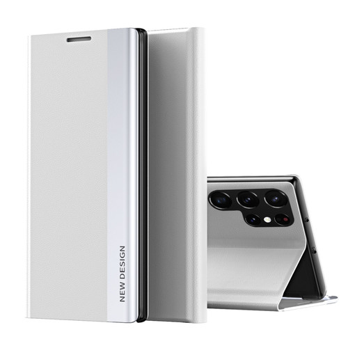 Samsung Galaxy S22 Ultra 5G Side Electroplated Magnetic Ultra-Thin Horizontal Flip Leather Case with Holder - Silver