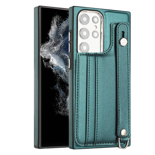 Samsung Galaxy S22 Ultra 5G Shockproof Leather Phone Case with Wrist Strap - Green