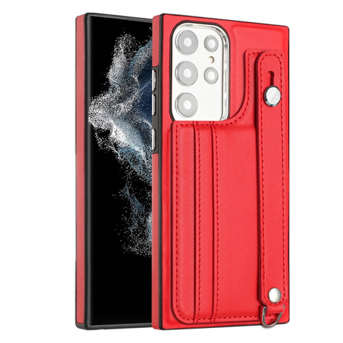 Samsung Galaxy S22 Ultra 5G Shockproof Leather Phone Case with Wrist Strap - Red