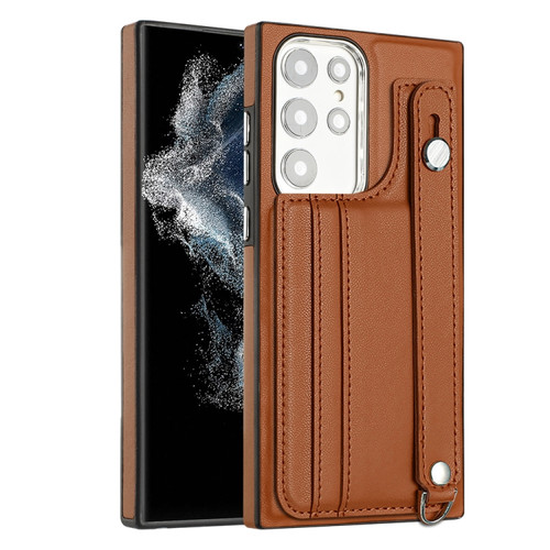 Samsung Galaxy S22 Ultra 5G Shockproof Leather Phone Case with Wrist Strap - Brown