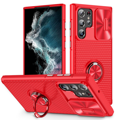 Samsung Galaxy S22 Ultra 5G Sliding Camshield Armor Phone Case with Ring Holder - Red