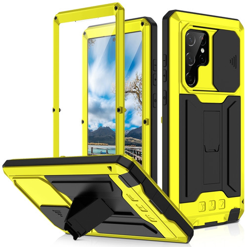 Samsung Galaxy S22 Ultra 5G R-JUST Sliding Camera Metal + Silicone Holder Phone Case - Yellow