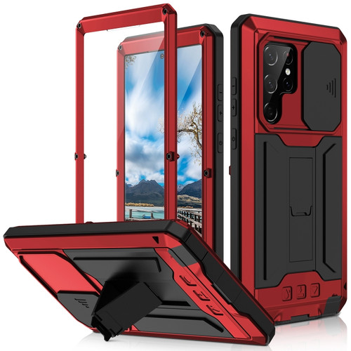 Samsung Galaxy S22 Ultra 5G R-JUST Sliding Camera Metal + Silicone Holder Phone Case - Red