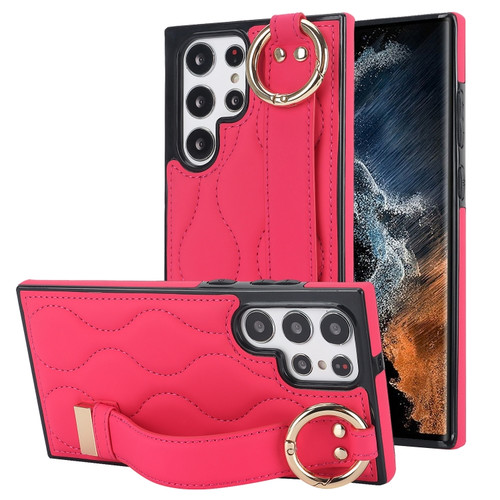 Samsung Galaxy S22 Ultra Non-slip Full Coverage Ring PU Phone Case with Wristband - Rose Red