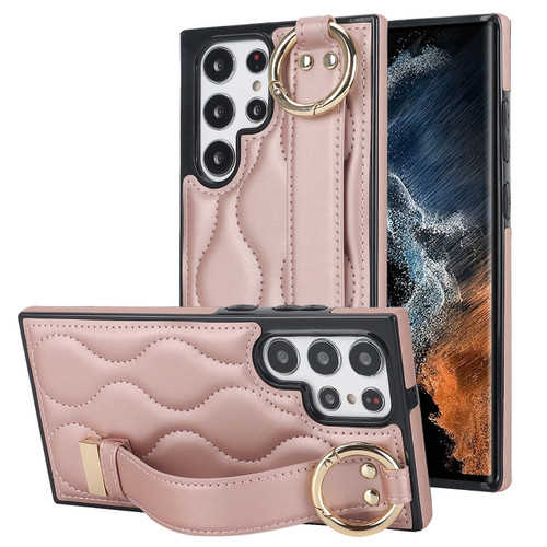 Samsung Galaxy S22 Ultra Non-slip Full Coverage Ring PU Phone Case with Wristband - Rose Gold