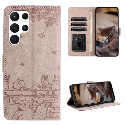 Samsung Galaxy S22 Ultra Cat Embossing Pattern Leather Phone Case with Lanyard - Grey
