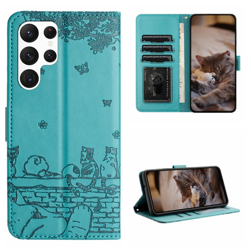 Samsung Galaxy S22 Ultra Cat Embossing Pattern Leather Phone Case with Lanyard - Blue