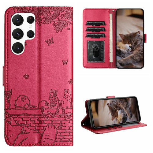Samsung Galaxy S22 Ultra Cat Embossing Pattern Leather Phone Case with Lanyard - Red