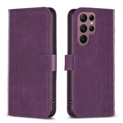 Samsung Galaxy S22 Ultra 5G Plaid Embossed Leather Phone Case - Purple