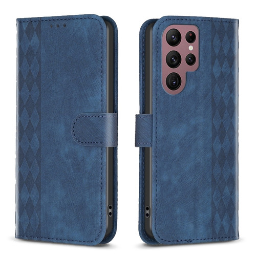 Samsung Galaxy S22 Ultra 5G Plaid Embossed Leather Phone Case - Blue